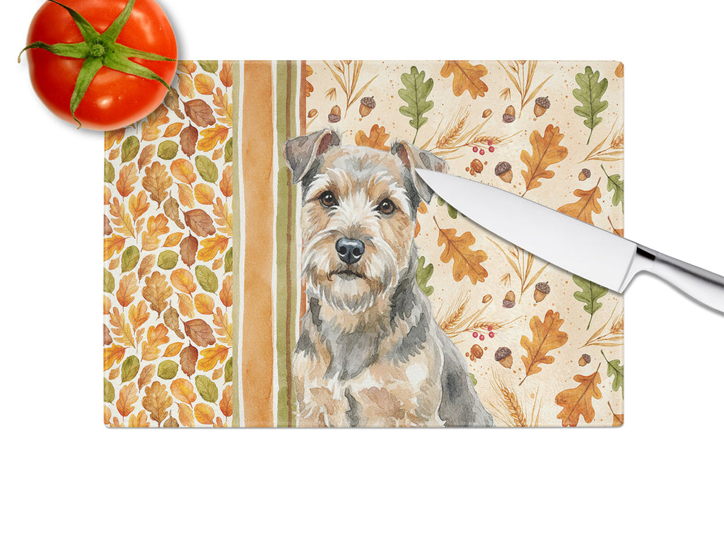 Grizzle and Tan Norfolk Terrier Heirloom Fall Cutting Board Tempered Glass Kitchen Cutting Surface, Heat Resistant Chopping, Non-Slip Feet, Food Prep & Serving