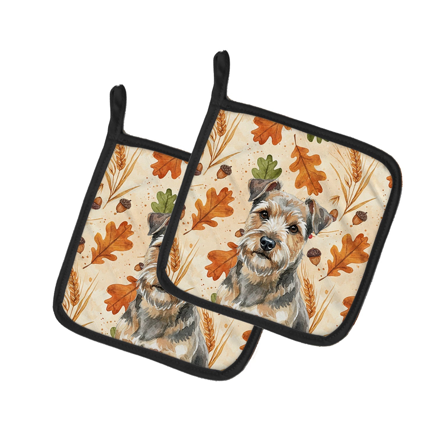 Grizzle and Tan Norfolk Terrier Heirloom Fall Pot Holder Set of 2 Heat Resistant Quilted Hot Pads 7.5 x 7.5 Inch, Insulated Kitchen Trivets for Cooking & Baking