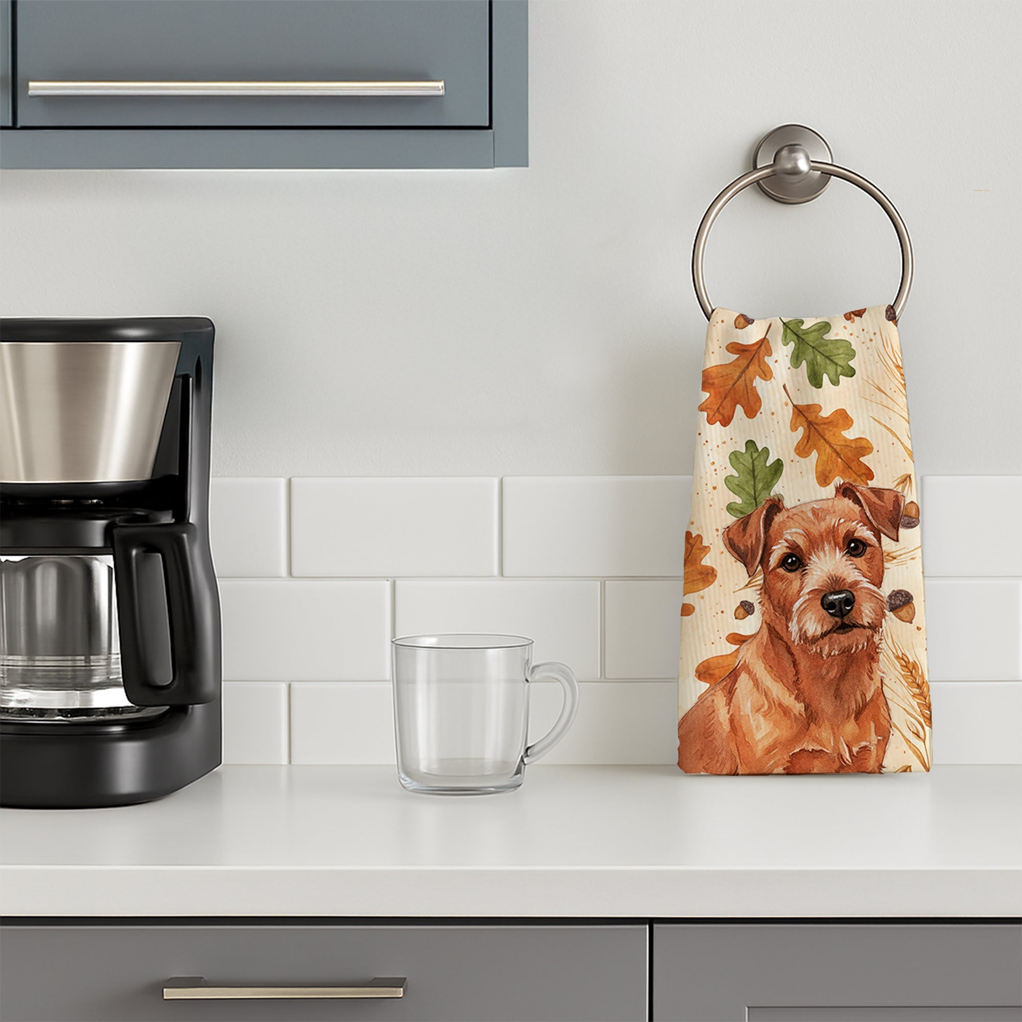 Red Norfolk Terrier Heirloom Fall Kitchen Towel Velour Plush Front and Cotton Loop Back Machine Washable