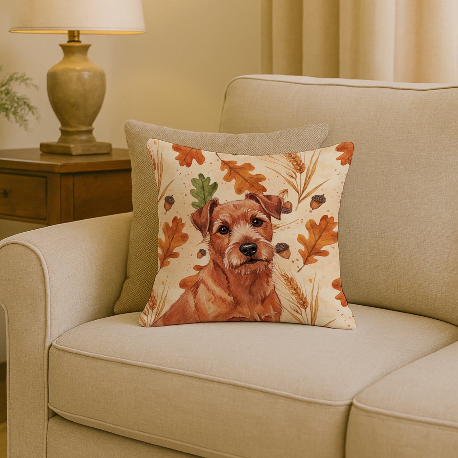 Red Norfolk Terrier Heirloom Fall Decorative Throw Pillow 18x18 Indoor Outdoor Accent Cushion, Fabric Cover with Insert for Sofa, Bed, Porch & Living Room
