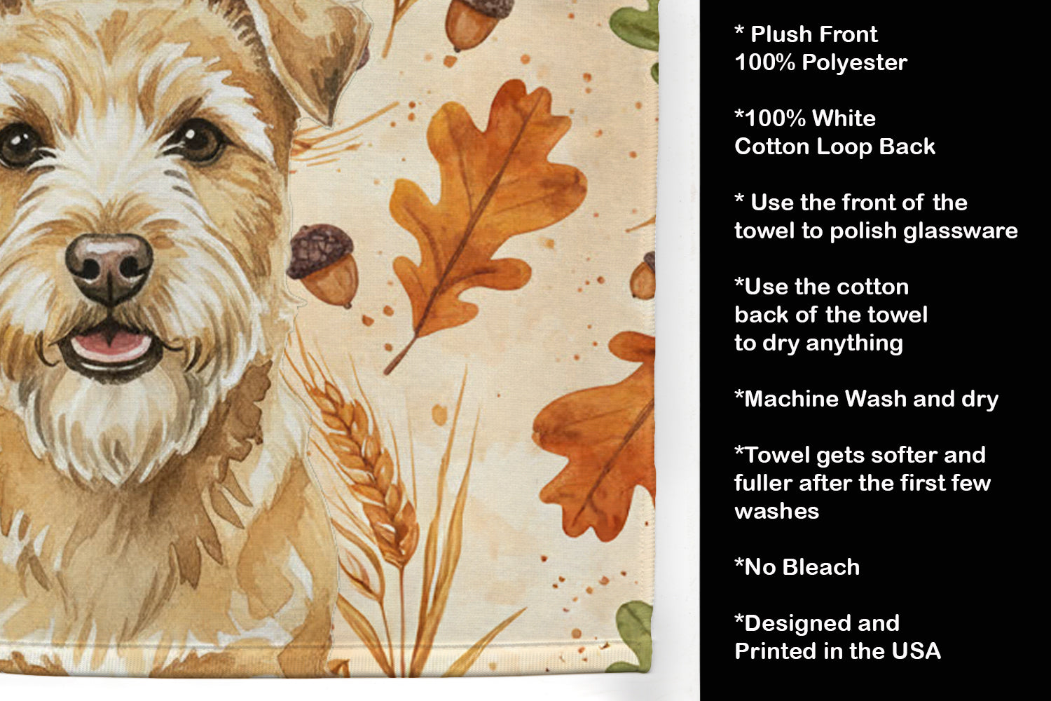 Wheaten Norfolk Terrier Heirloom Fall Kitchen Towel Velour Plush Front and Cotton Loop Back Machine Washable