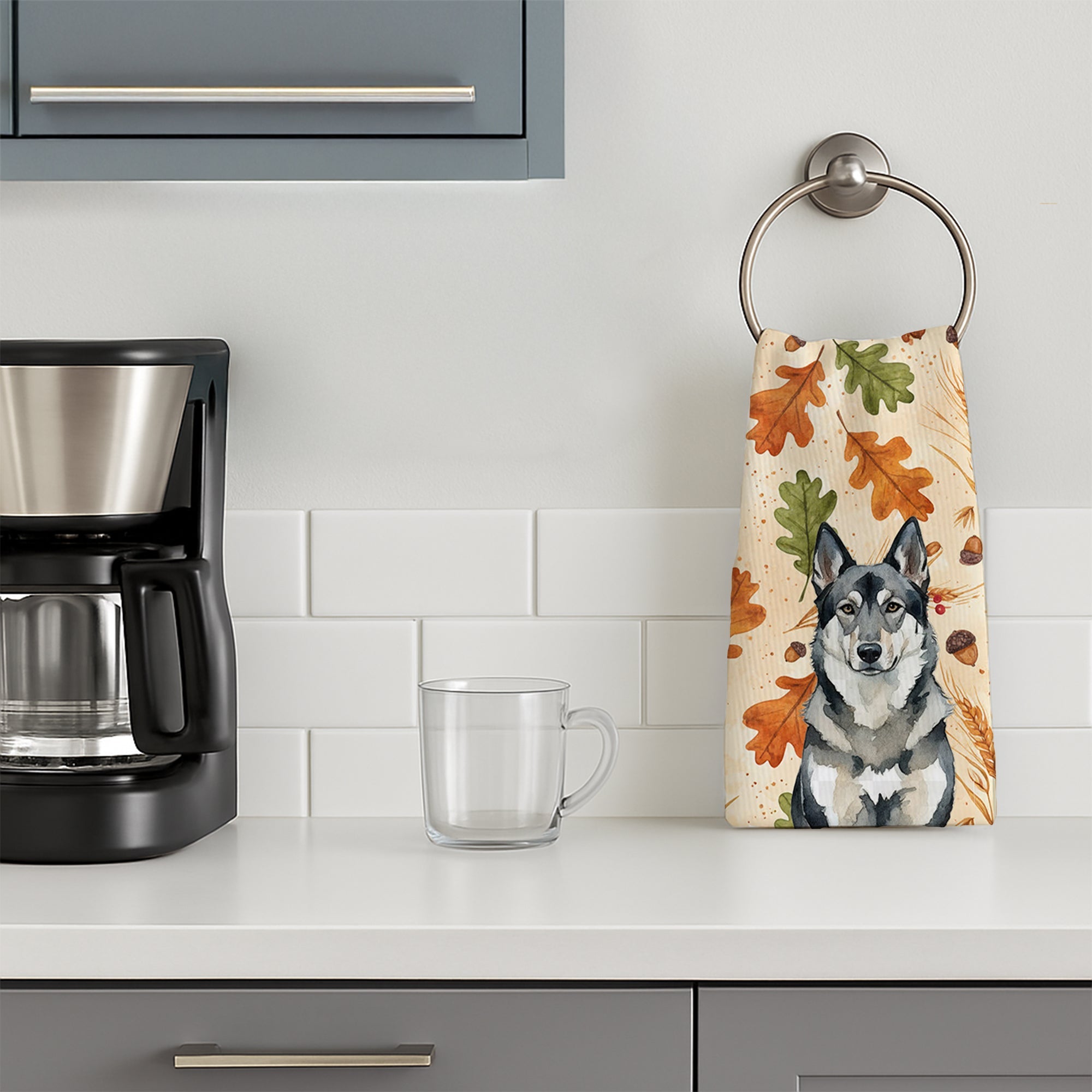 Norwegian Elkhound Heirloom Fall Kitchen Towel Velour Plush Front and Cotton Loop Back Machine Washable