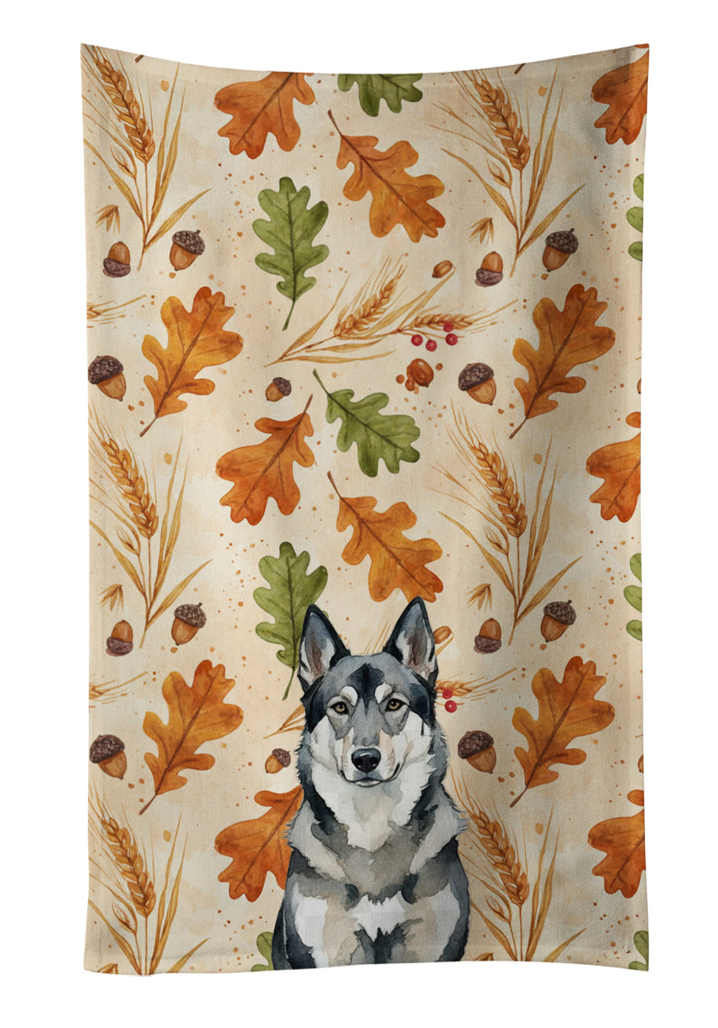 Norwegian Elkhound Heirloom Fall Kitchen Towel Velour Plush Front and Cotton Loop Back Machine Washable