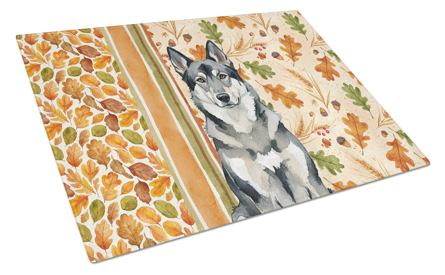 Norwegian Elkhound Heirloom Fall Cutting Board Tempered Glass Kitchen Cutting Surface, Heat Resistant Chopping, Non-Slip Feet, Food Prep & Serving