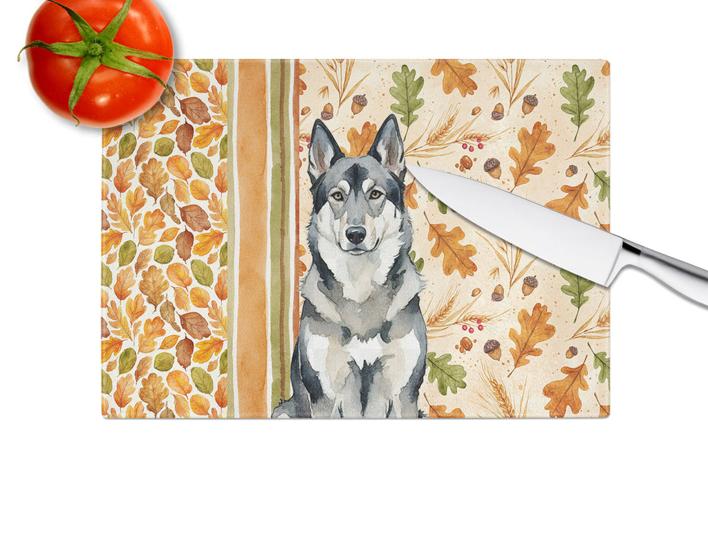Norwegian Elkhound Heirloom Fall Cutting Board Tempered Glass Kitchen Cutting Surface, Heat Resistant Chopping, Non-Slip Feet, Food Prep & Serving