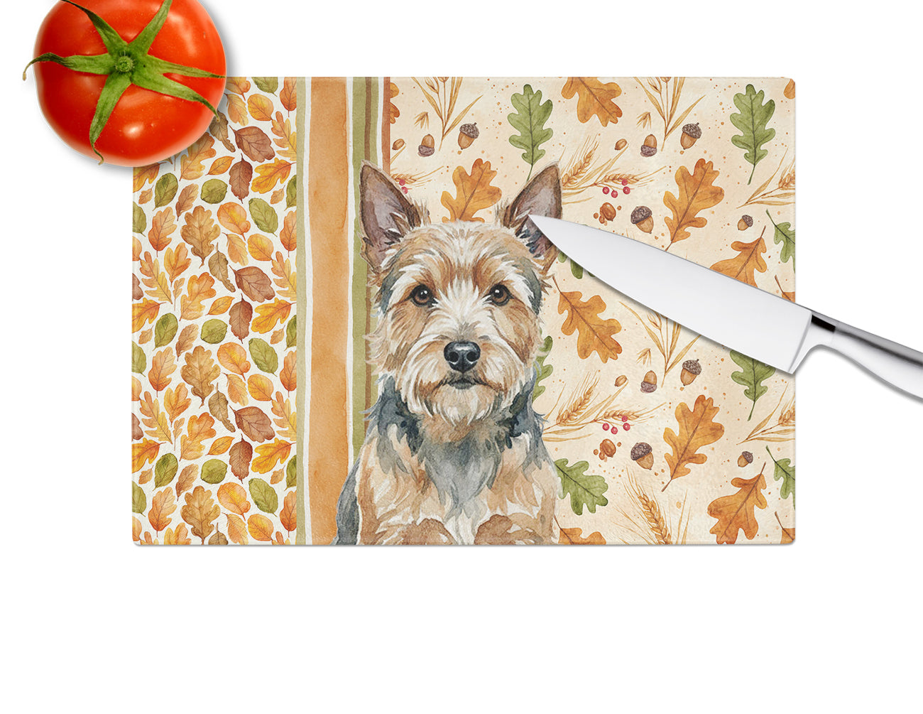 Norwich Terrier Heirloom Fall Cutting Board Tempered Glass Kitchen Cutting Surface, Heat Resistant Chopping, Non-Slip Feet, Food Prep & Serving