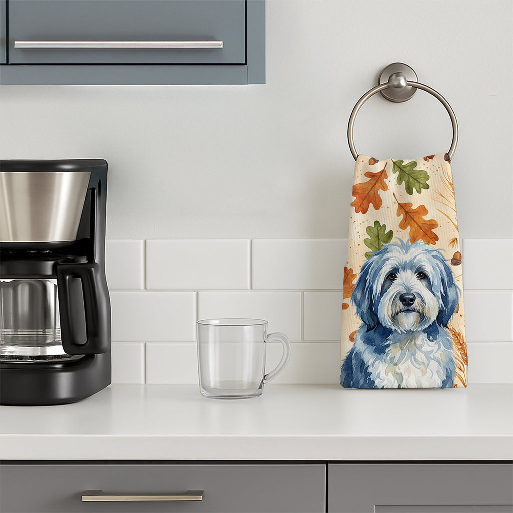 Blue and White Old English Sheepdog Heirloom Fall Kitchen Towel Velour Plush Front and Cotton Loop Back Machine Washable