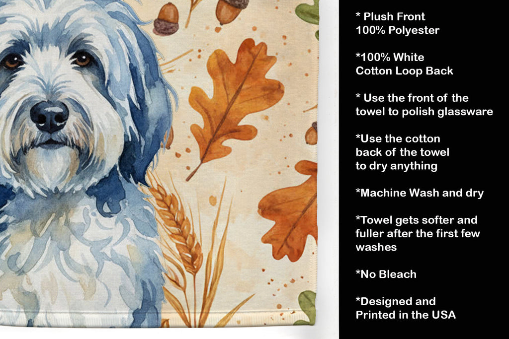 Blue and White Old English Sheepdog Heirloom Fall Kitchen Towel Velour Plush Front and Cotton Loop Back Machine Washable