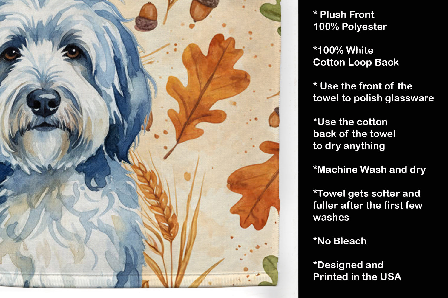 Blue and White Old English Sheepdog Heirloom Fall Kitchen Towel Velour Plush Front and Cotton Loop Back Machine Washable