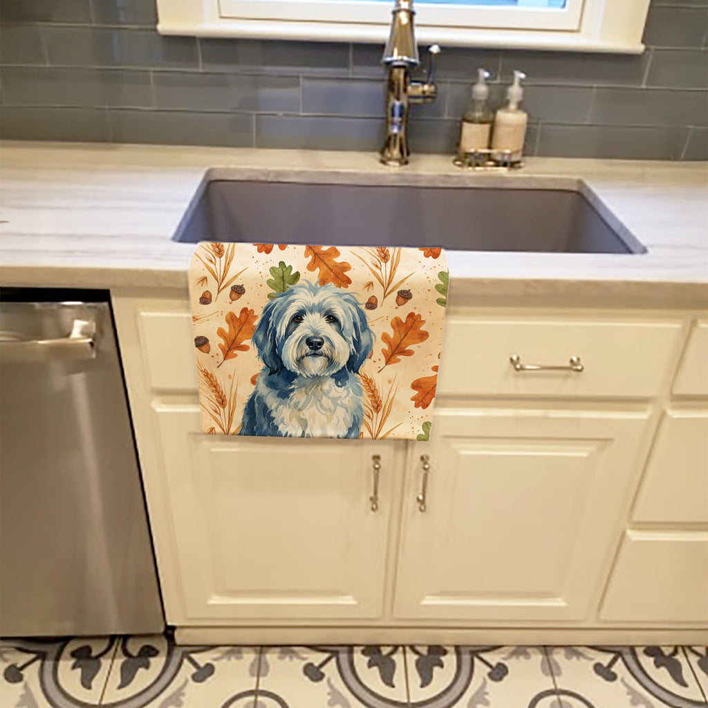 Blue and White Old English Sheepdog Heirloom Fall Kitchen Towel Velour Plush Front and Cotton Loop Back Machine Washable