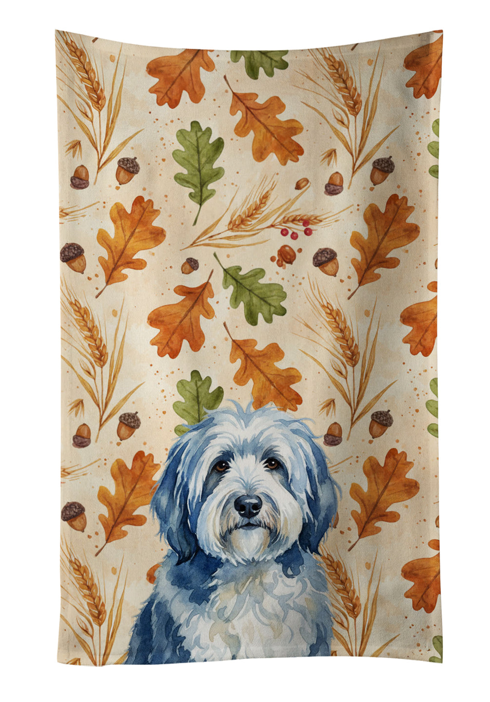 Blue and White Old English Sheepdog Heirloom Fall Kitchen Towel Velour Plush Front and Cotton Loop Back Machine Washable