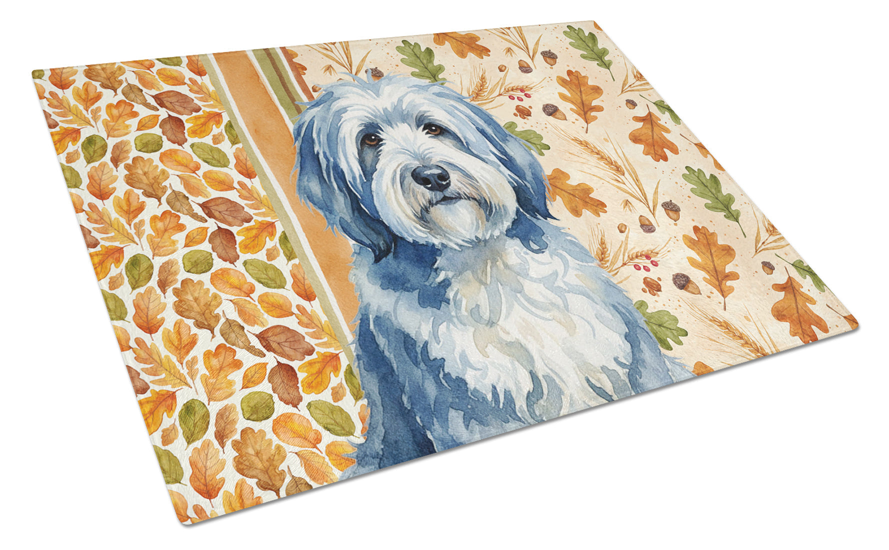 Blue and White Old English Sheepdog Heirloom Fall Cutting Board Tempered Glass Kitchen Cutting Surface, Heat Resistant Chopping, Non-Slip Feet, Food Prep & Serving