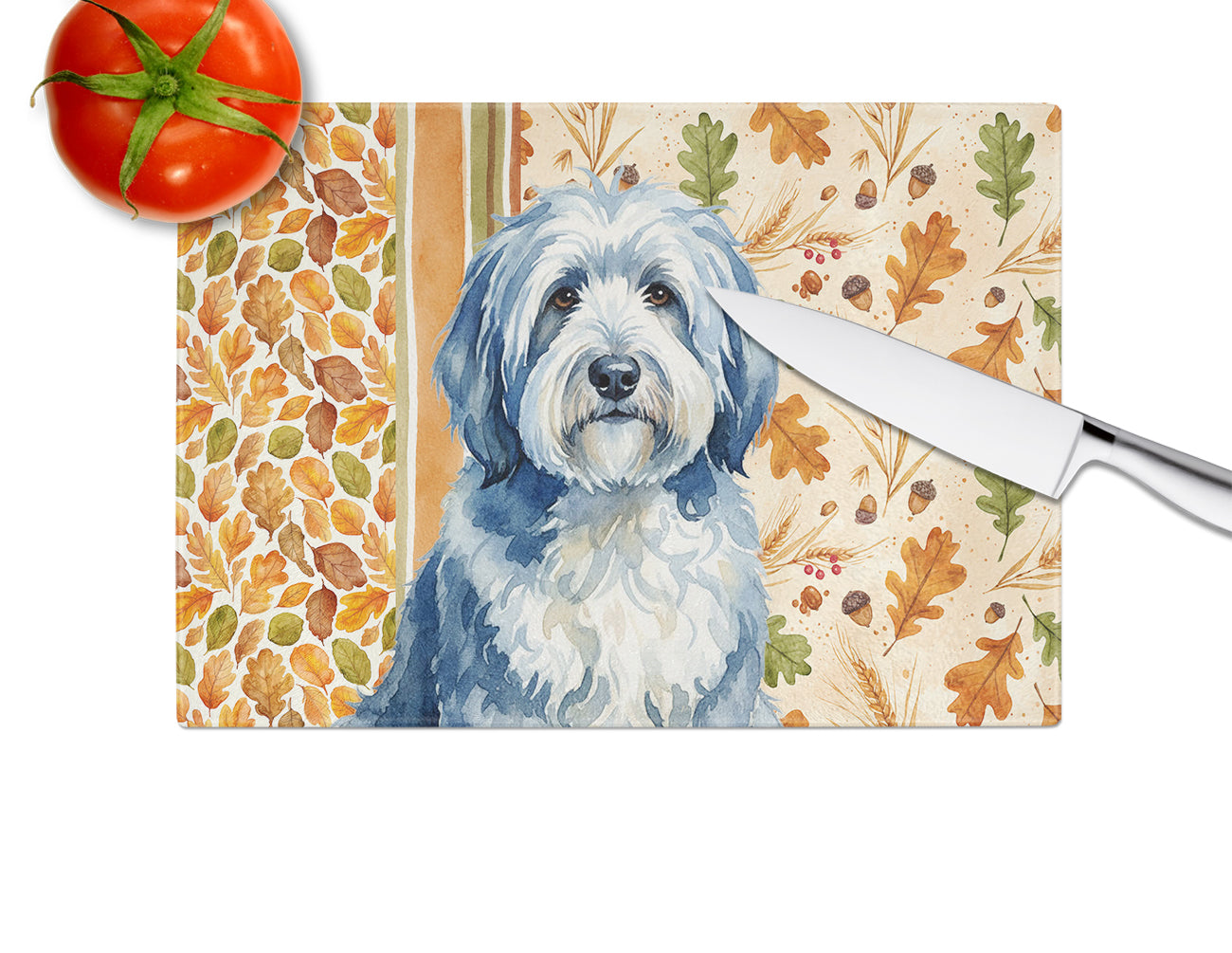 Blue and White Old English Sheepdog Heirloom Fall Cutting Board Tempered Glass Kitchen Cutting Surface, Heat Resistant Chopping, Non-Slip Feet, Food Prep & Serving