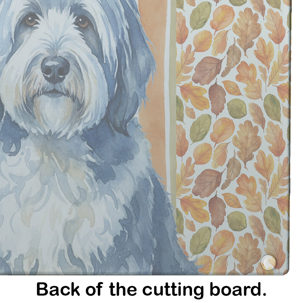 Blue and White Old English Sheepdog Heirloom Fall Cutting Board Tempered Glass Kitchen Cutting Surface, Heat Resistant Chopping, Non-Slip Feet, Food Prep & Serving