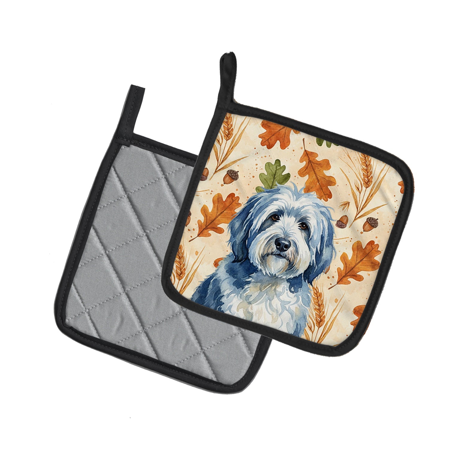 Blue and White Old English Sheepdog Heirloom Fall Pot Holder Set of 2 Heat Resistant Quilted Hot Pads 7.5 x 7.5 Inch, Insulated Kitchen Trivets for Cooking & Baking