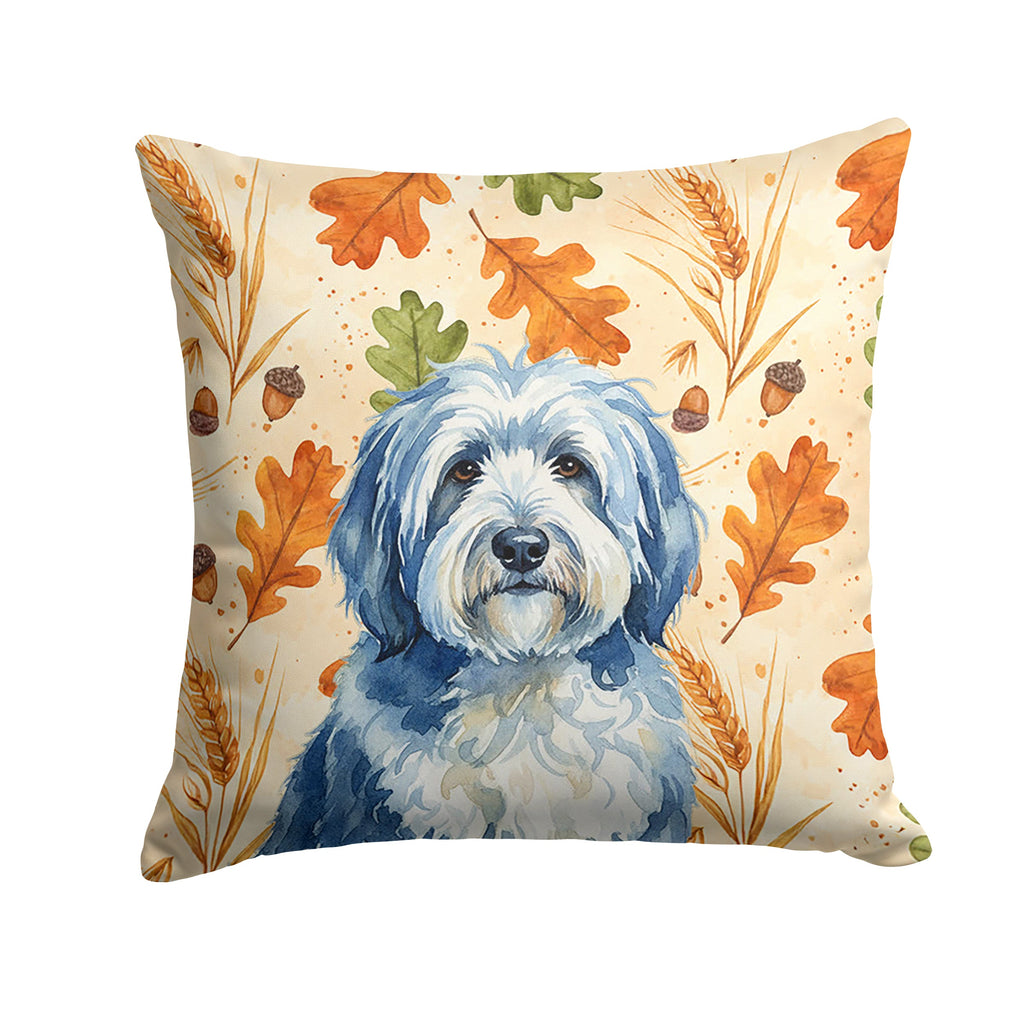 Blue and White Old English Sheepdog Heirloom Fall Decorative Throw Pillow 14x14 Indoor Outdoor Accent Cushion, Fabric Cover with Insert for Sofa, Bed, Porch & Living Room