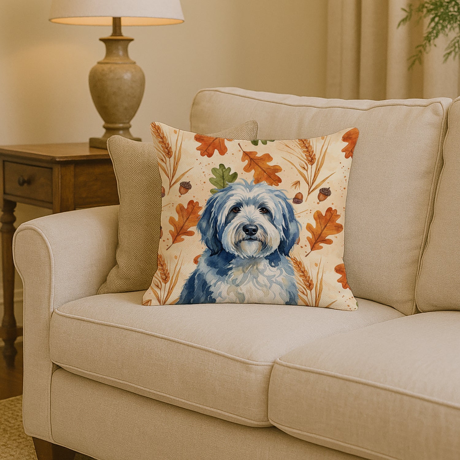 Blue and White Old English Sheepdog Heirloom Fall Decorative Throw Pillow 14x14 Indoor Outdoor Accent Cushion, Fabric Cover with Insert for Sofa, Bed, Porch & Living Room