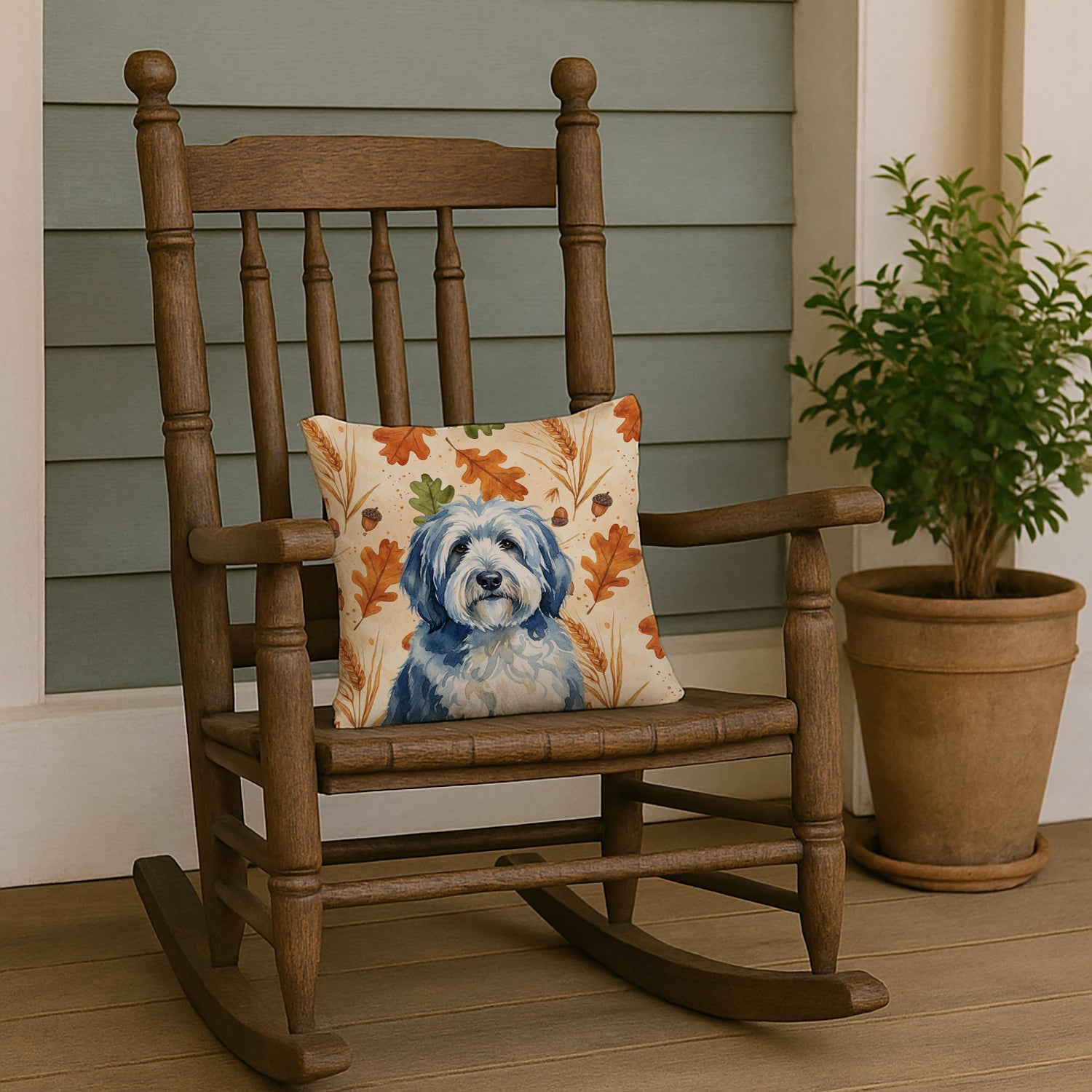 Blue and White Old English Sheepdog Heirloom Fall Decorative Throw Pillow 14x14 Indoor Outdoor Accent Cushion, Fabric Cover with Insert for Sofa, Bed, Porch & Living Room