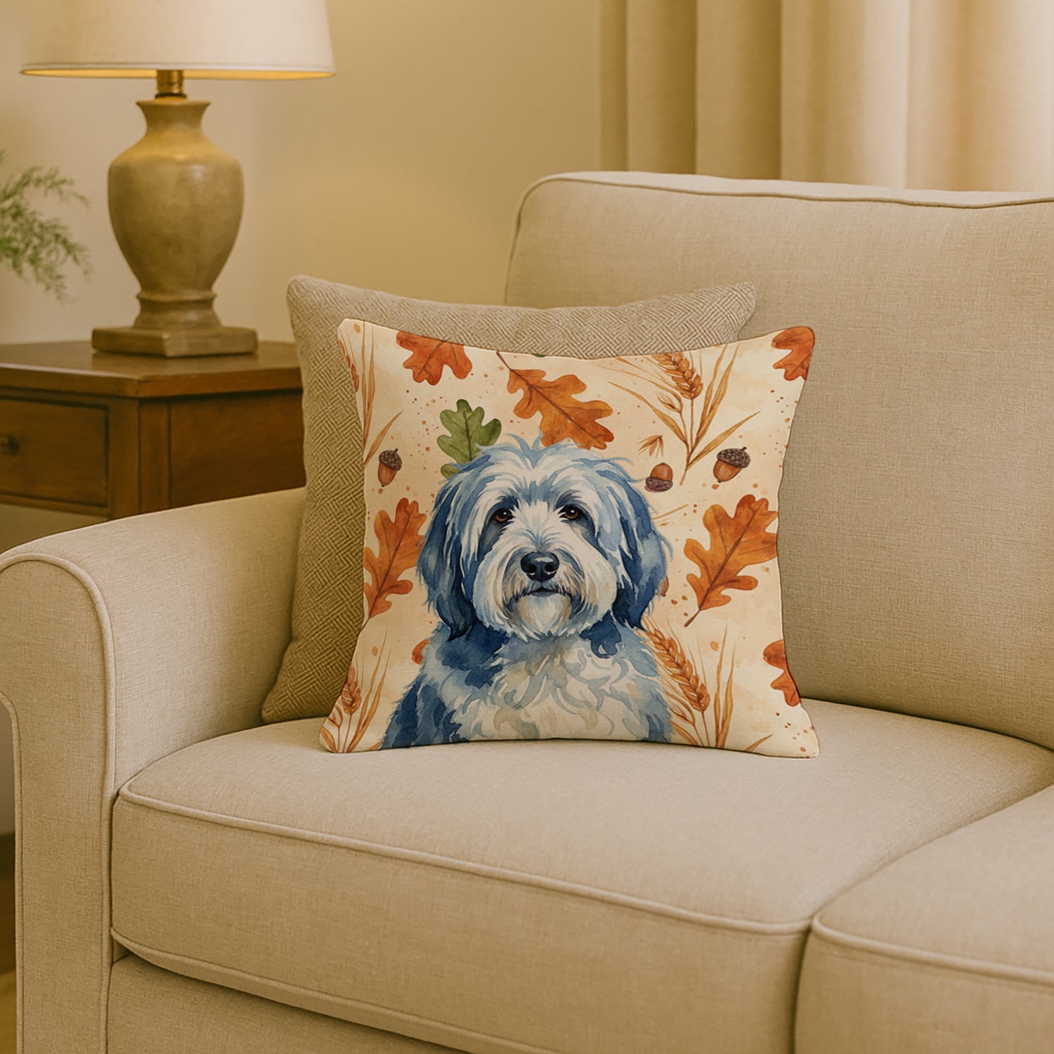 Blue and White Old English Sheepdog Heirloom Fall Decorative Throw Pillow 18x18 Indoor Outdoor Accent Cushion, Fabric Cover with Insert for Sofa, Bed, Porch & Living Room