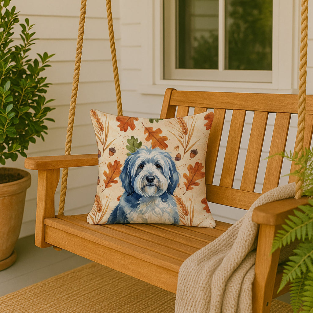 Blue and White Old English Sheepdog Heirloom Fall Decorative Throw Pillow 18x18 Indoor Outdoor Accent Cushion, Fabric Cover with Insert for Sofa, Bed, Porch & Living Room