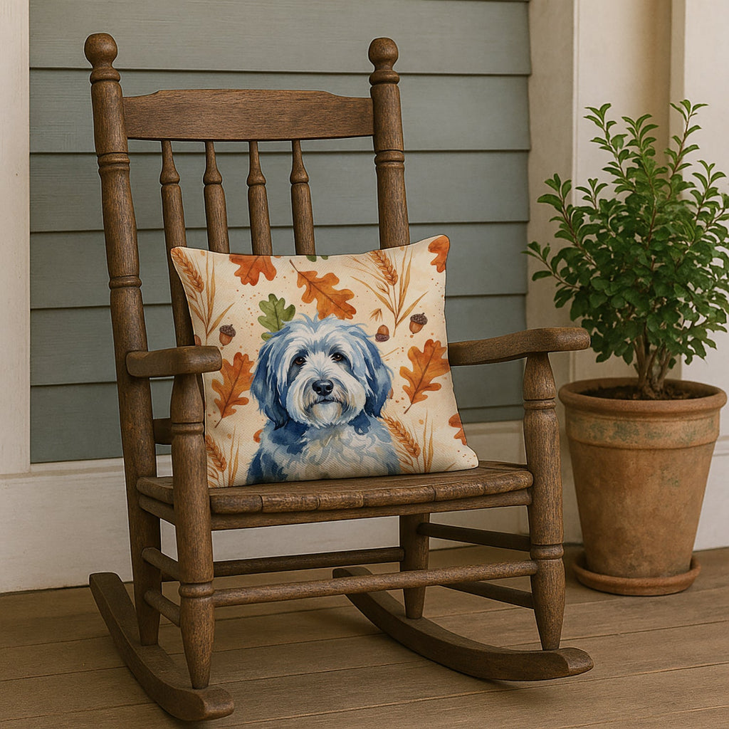 Blue and White Old English Sheepdog Heirloom Fall Decorative Throw Pillow 18x18 Indoor Outdoor Accent Cushion, Fabric Cover with Insert for Sofa, Bed, Porch & Living Room