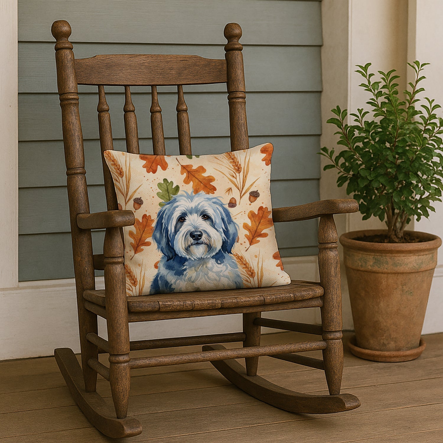 Blue and White Old English Sheepdog Heirloom Fall Decorative Throw Pillow 18x18 Indoor Outdoor Accent Cushion, Fabric Cover with Insert for Sofa, Bed, Porch & Living Room