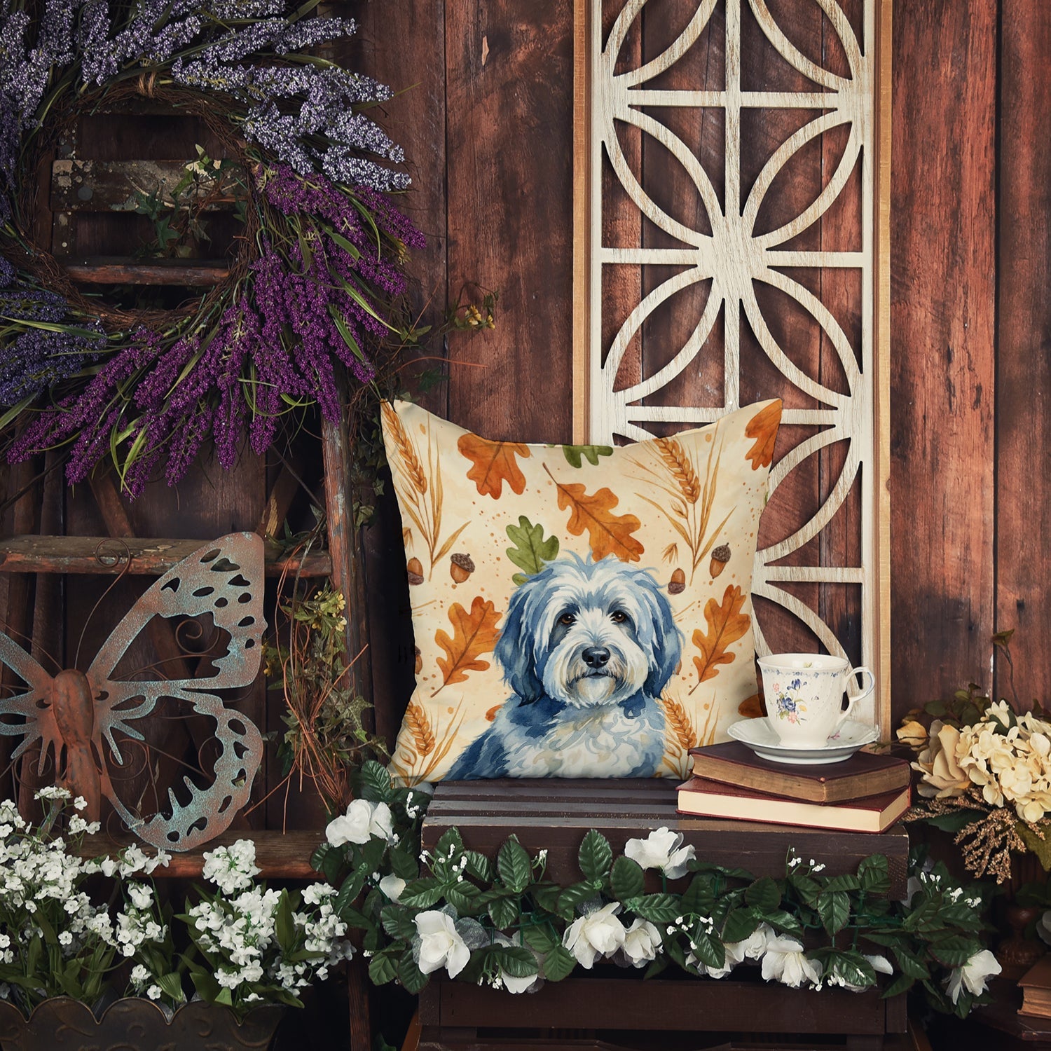 Blue and White Old English Sheepdog Heirloom Fall Decorative Throw Pillow 18x18 Indoor Outdoor Accent Cushion, Fabric Cover with Insert for Sofa, Bed, Porch & Living Room