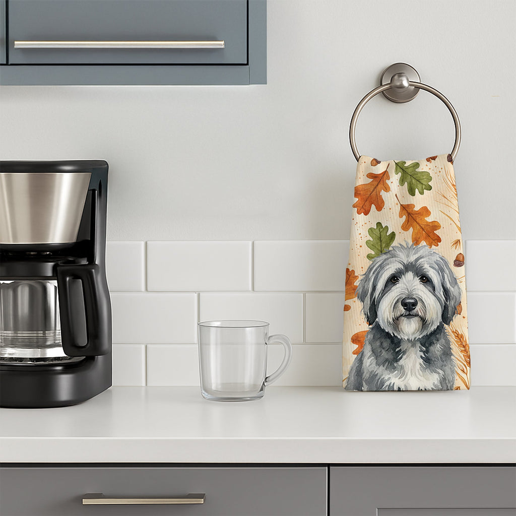 Gray and White Old English Sheepdog Heirloom Fall Kitchen Towel Velour Plush Front and Cotton Loop Back Machine Washable