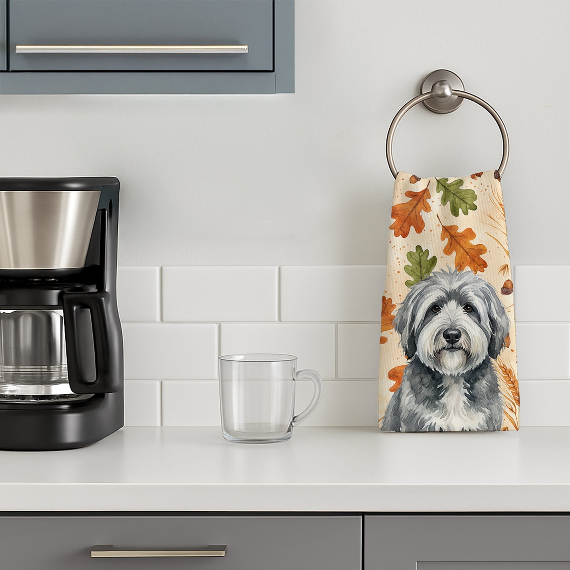Gray and White Old English Sheepdog Heirloom Fall Kitchen Towel Velour Plush Front and Cotton Loop Back Machine Washable