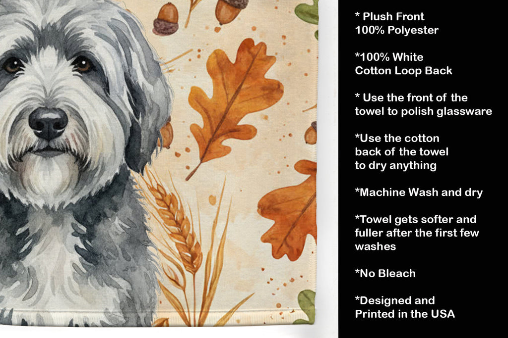 Gray and White Old English Sheepdog Heirloom Fall Kitchen Towel Velour Plush Front and Cotton Loop Back Machine Washable