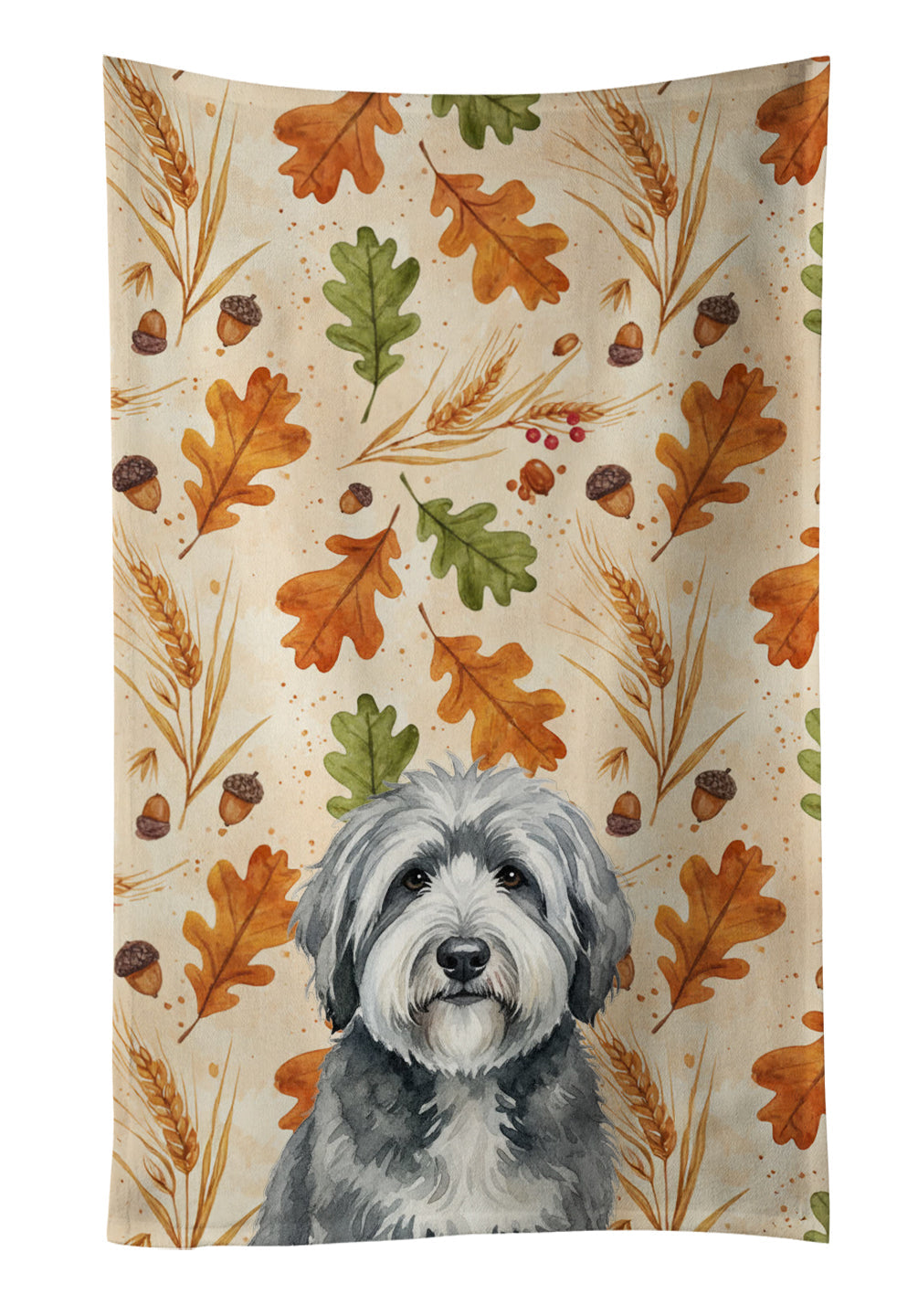 Gray and White Old English Sheepdog Heirloom Fall Kitchen Towel Velour Plush Front and Cotton Loop Back Machine Washable