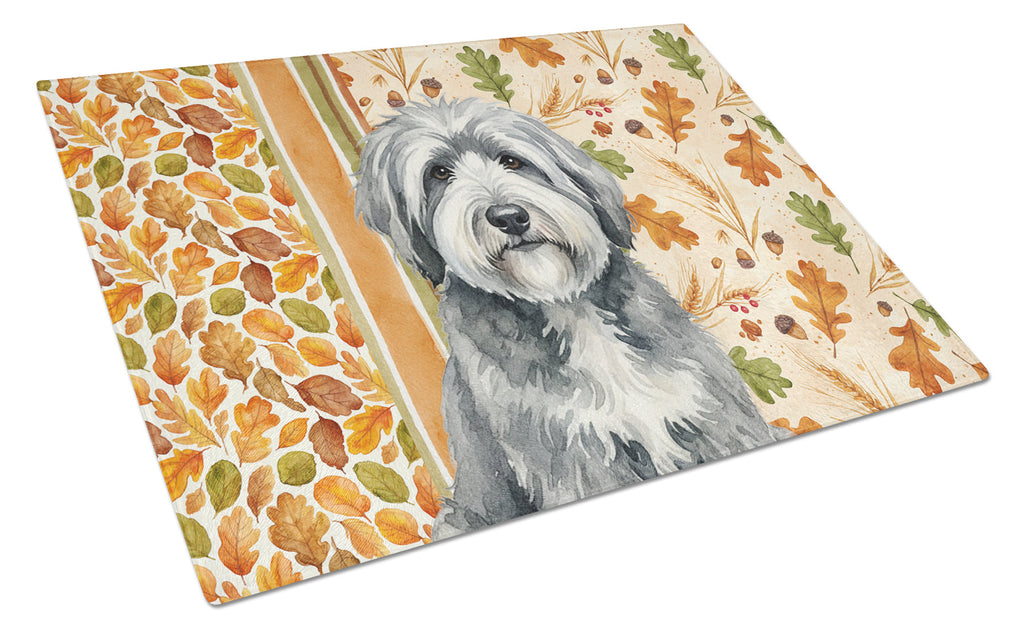Gray and White Old English Sheepdog Heirloom Fall Cutting Board Tempered Glass Kitchen Cutting Surface, Heat Resistant Chopping, Non-Slip Feet, Food Prep & Serving