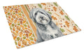Gray and White Old English Sheepdog Heirloom Fall Cutting Board Tempered Glass Kitchen Cutting Surface, Heat Resistant Chopping, Non-Slip Feet, Food Prep & Serving