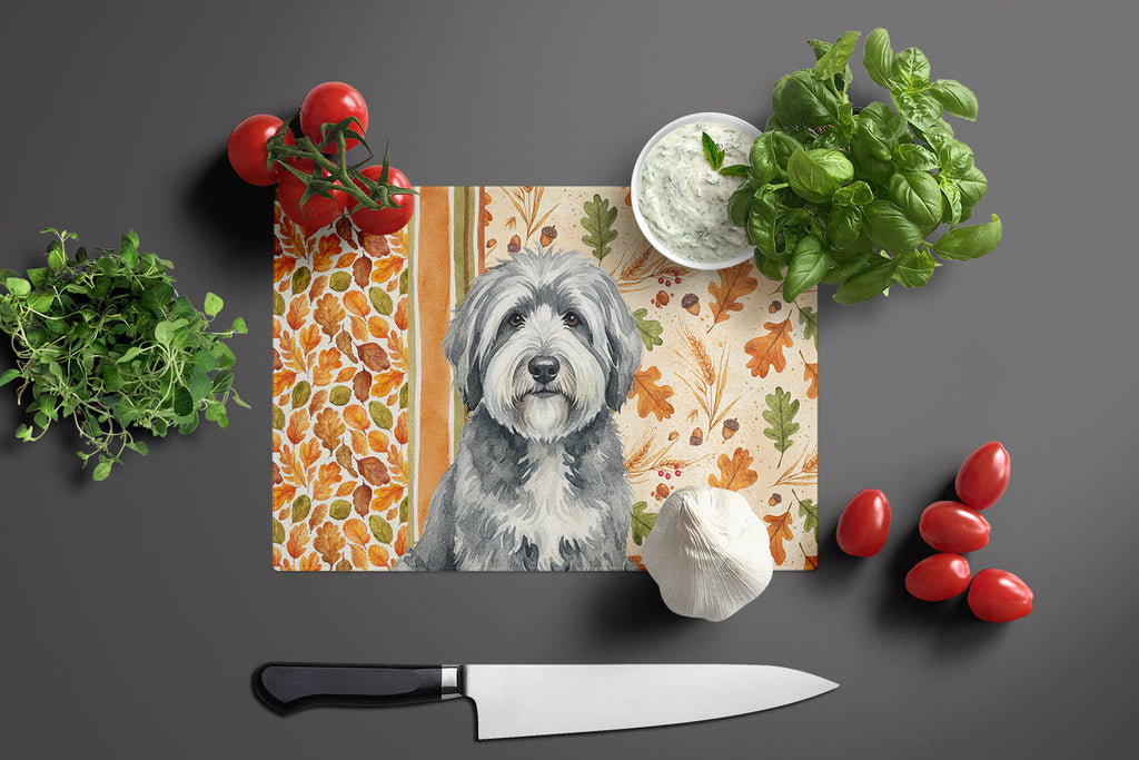 Gray and White Old English Sheepdog Heirloom Fall Cutting Board Tempered Glass Kitchen Cutting Surface, Heat Resistant Chopping, Non-Slip Feet, Food Prep & Serving