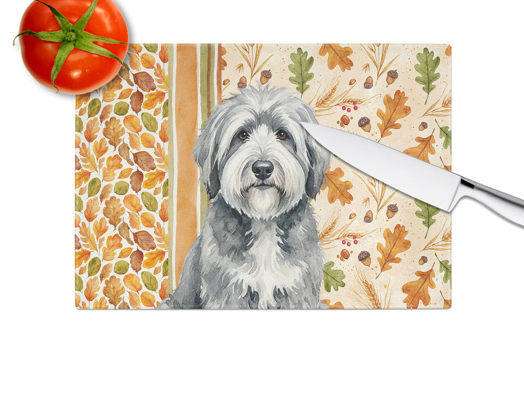Gray and White Old English Sheepdog Heirloom Fall Cutting Board Tempered Glass Kitchen Cutting Surface, Heat Resistant Chopping, Non-Slip Feet, Food Prep & Serving