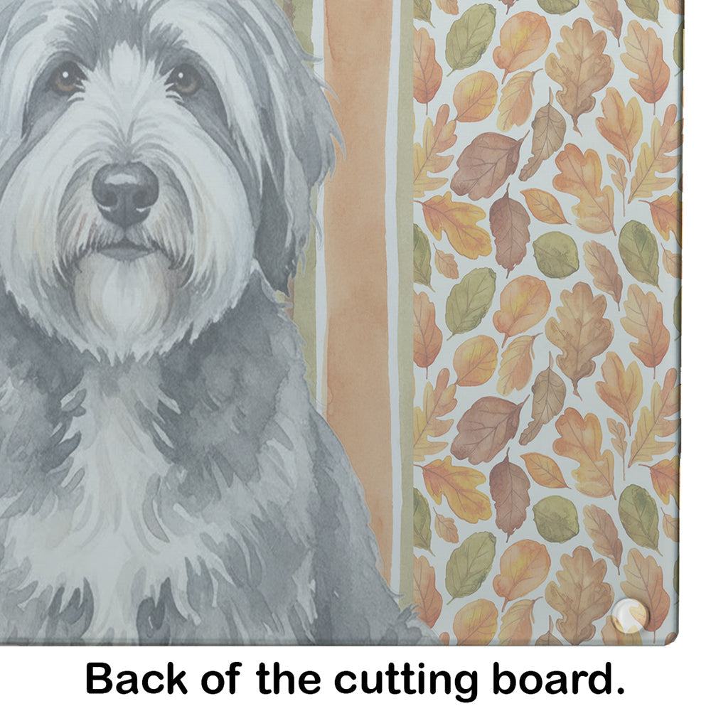 Gray and White Old English Sheepdog Heirloom Fall Cutting Board Tempered Glass Kitchen Cutting Surface, Heat Resistant Chopping, Non-Slip Feet, Food Prep & Serving
