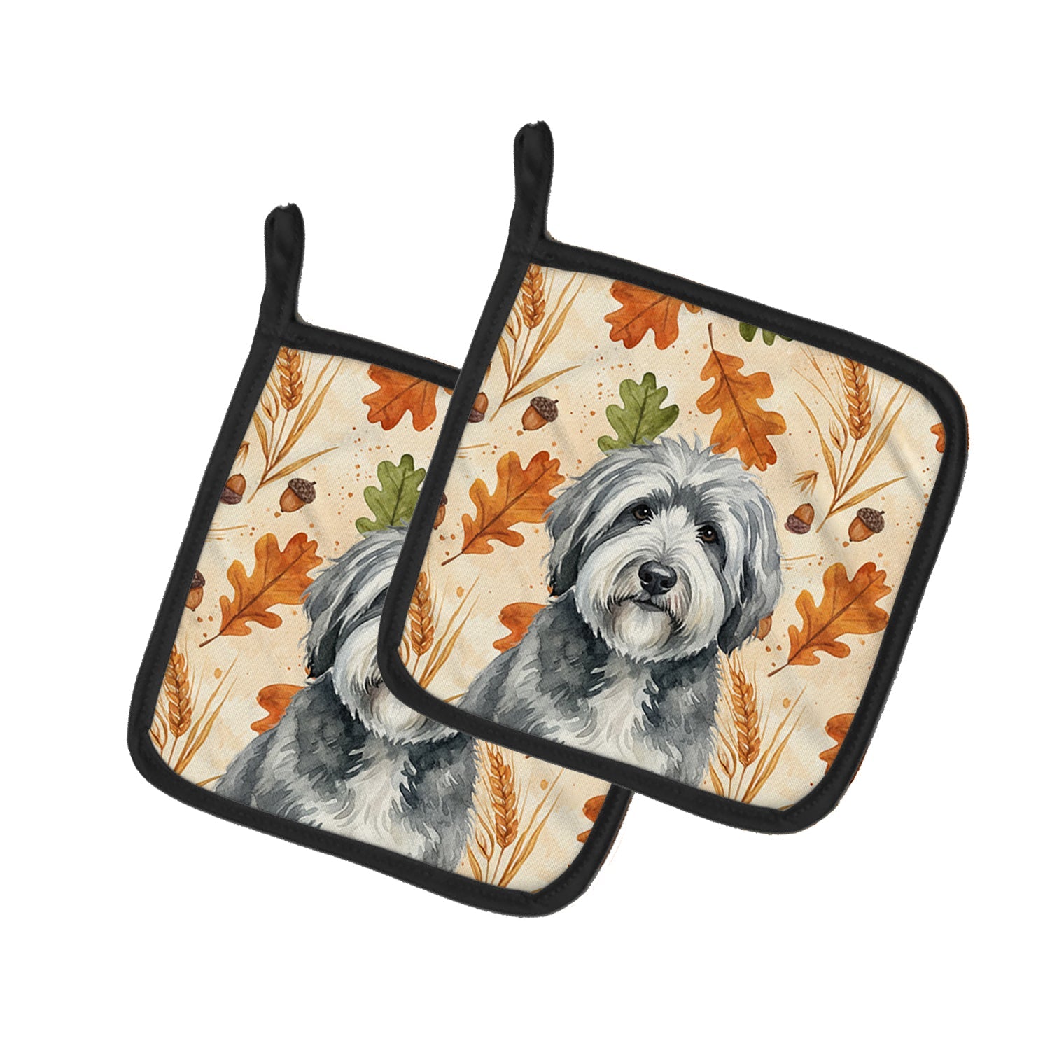 Gray and White Old English Sheepdog Heirloom Fall Pot Holder Set of 2 Heat Resistant Quilted Hot Pads 7.5 x 7.5 Inch, Insulated Kitchen Trivets for Cooking & Baking