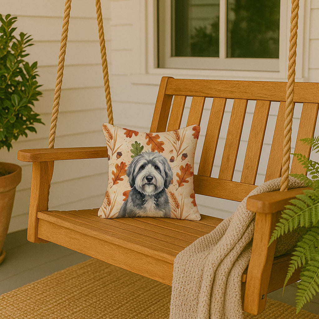 Gray and White Old English Sheepdog Heirloom Fall Decorative Throw Pillow 14x14 Indoor Outdoor Accent Cushion, Fabric Cover with Insert for Sofa, Bed, Porch & Living Room