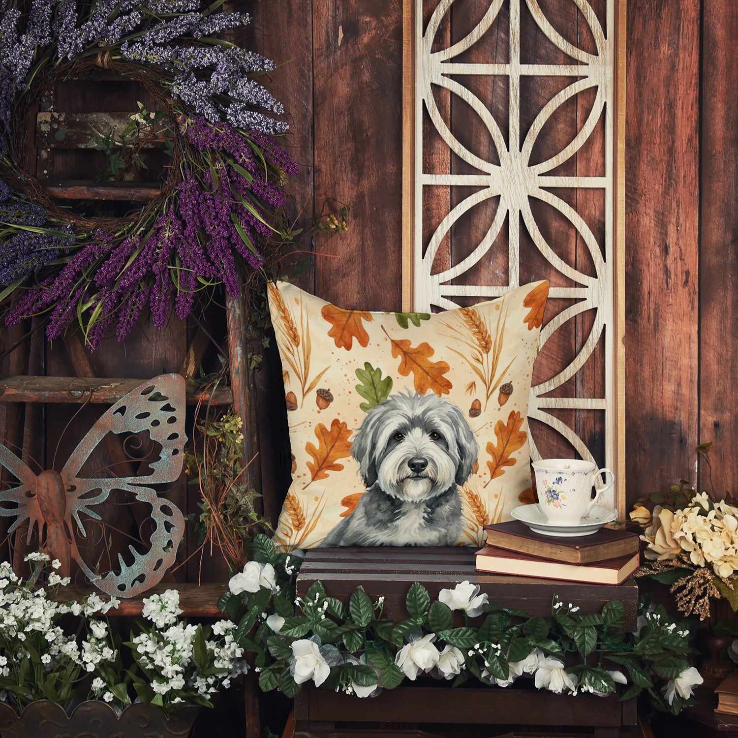 Gray and White Old English Sheepdog Heirloom Fall Decorative Throw Pillow 14x14 Indoor Outdoor Accent Cushion, Fabric Cover with Insert for Sofa, Bed, Porch & Living Room