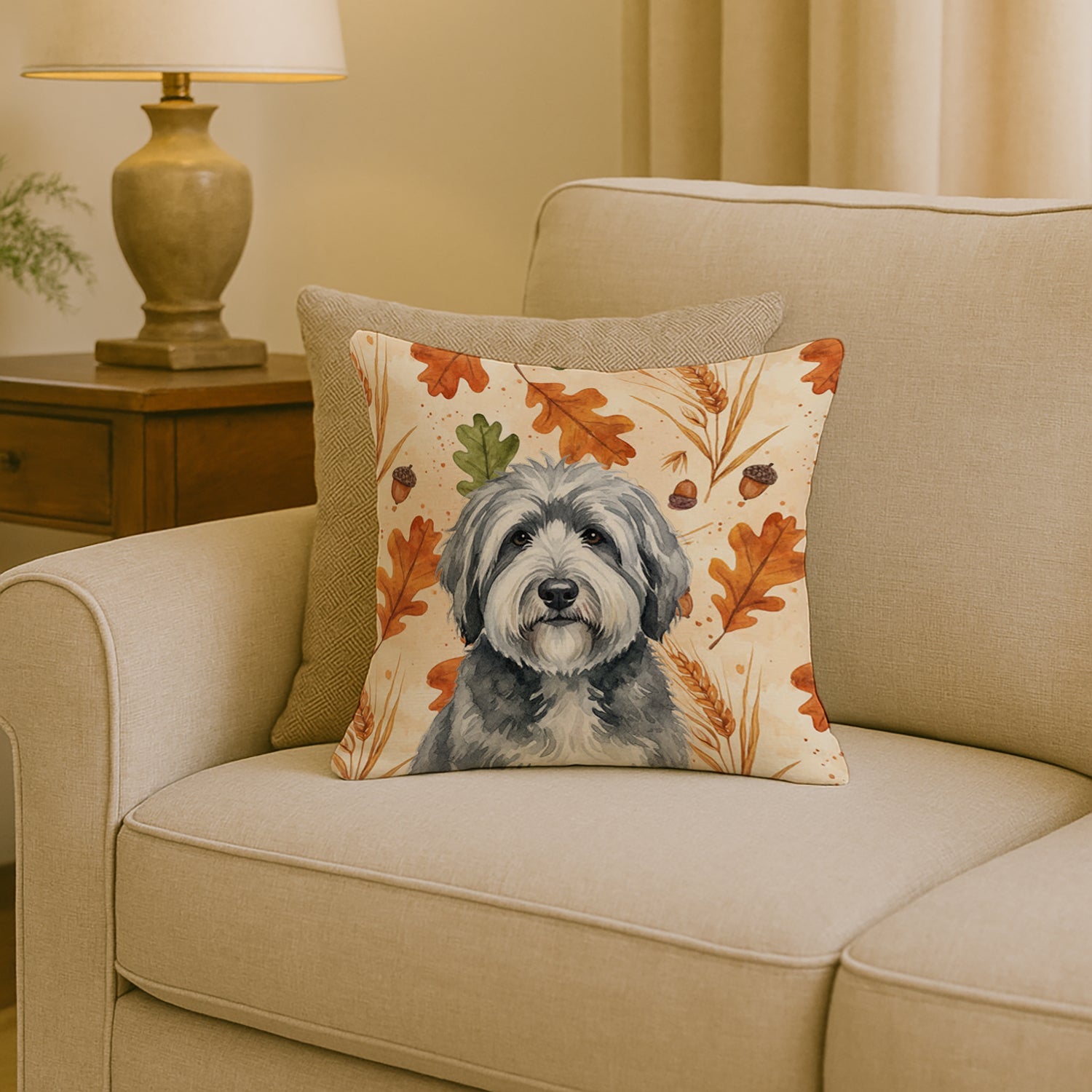 Gray and White Old English Sheepdog Heirloom Fall Decorative Throw Pillow 18x18 Indoor Outdoor Accent Cushion, Fabric Cover with Insert for Sofa, Bed, Porch & Living Room