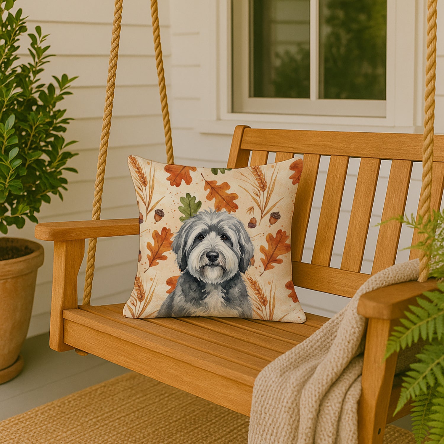 Gray and White Old English Sheepdog Heirloom Fall Decorative Throw Pillow 18x18 Indoor Outdoor Accent Cushion, Fabric Cover with Insert for Sofa, Bed, Porch & Living Room