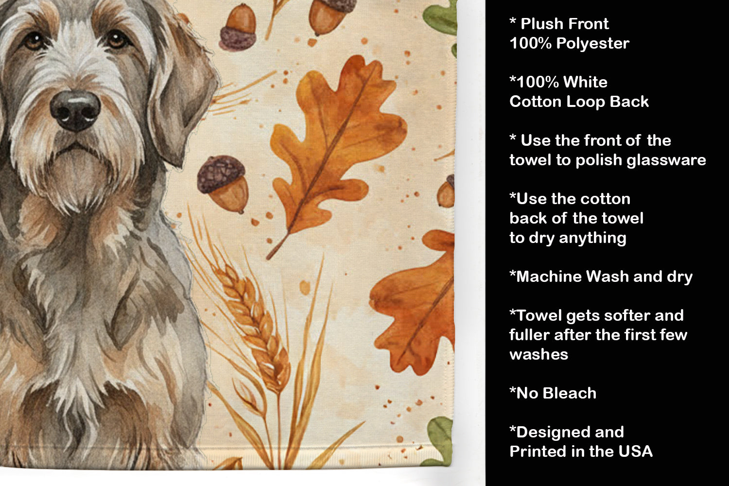 Grizzle and Tan Otterhound Heirloom Fall Kitchen Towel Velour Plush Front and Cotton Loop Back Machine Washable