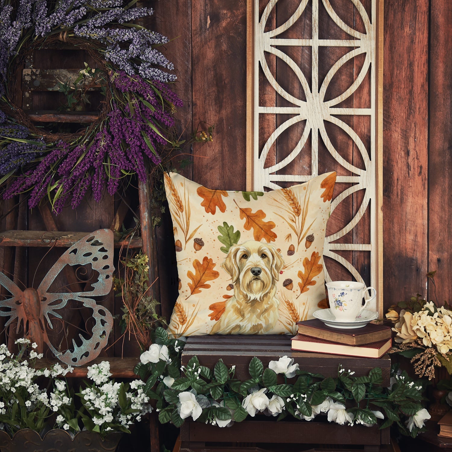Wheaten and Tan Otterhound Heirloom Fall Decorative Throw Pillow 18x18 Indoor Outdoor Accent Cushion, Fabric Cover with Insert for Sofa, Bed, Porch & Living Room