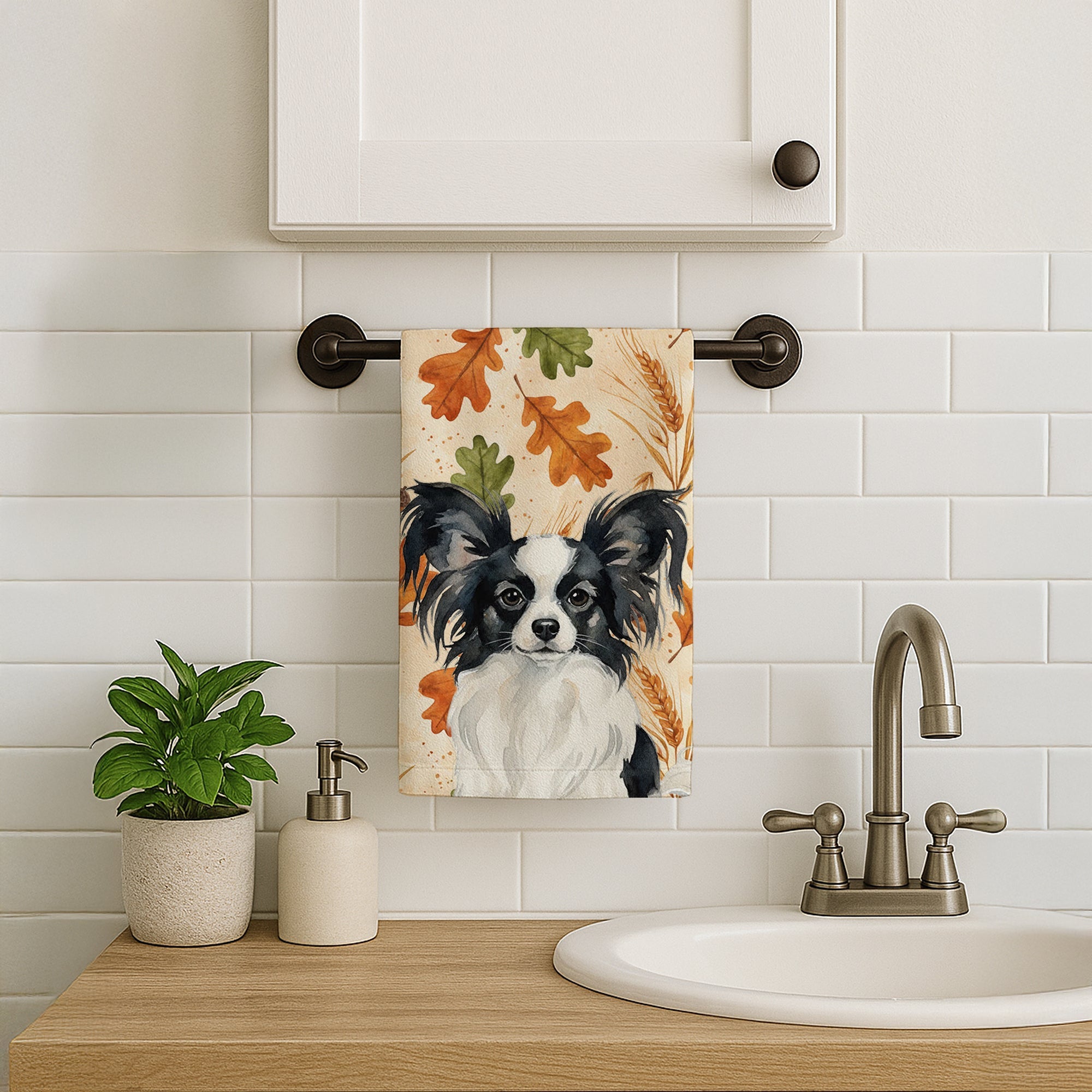 Black and White Papillon Heirloom Fall Kitchen Towel Velour Plush Front and Cotton Loop Back Machine Washable