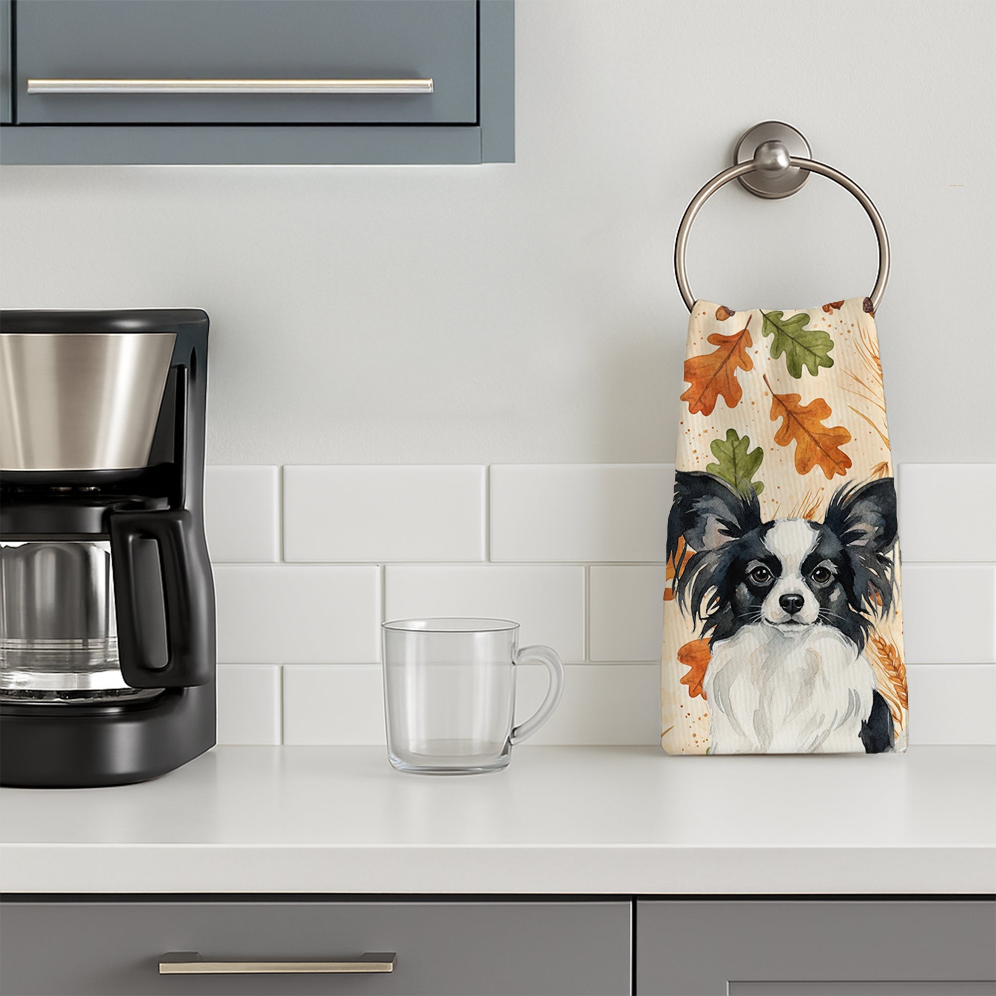 Black and White Papillon Heirloom Fall Kitchen Towel Velour Plush Front and Cotton Loop Back Machine Washable