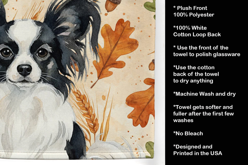 Black and White Papillon Heirloom Fall Kitchen Towel Velour Plush Front and Cotton Loop Back Machine Washable