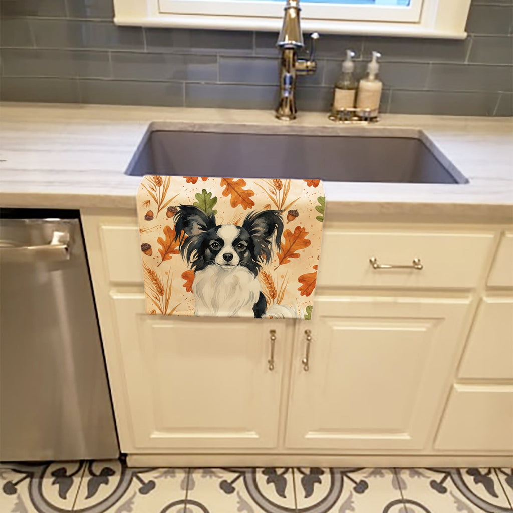 Black and White Papillon Heirloom Fall Kitchen Towel Velour Plush Front and Cotton Loop Back Machine Washable