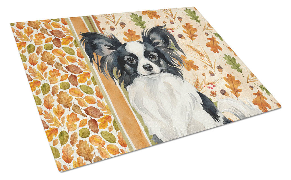 Black and White Papillon Heirloom Fall Cutting Board Tempered Glass Kitchen Cutting Surface, Heat Resistant Chopping, Non-Slip Feet, Food Prep & Serving