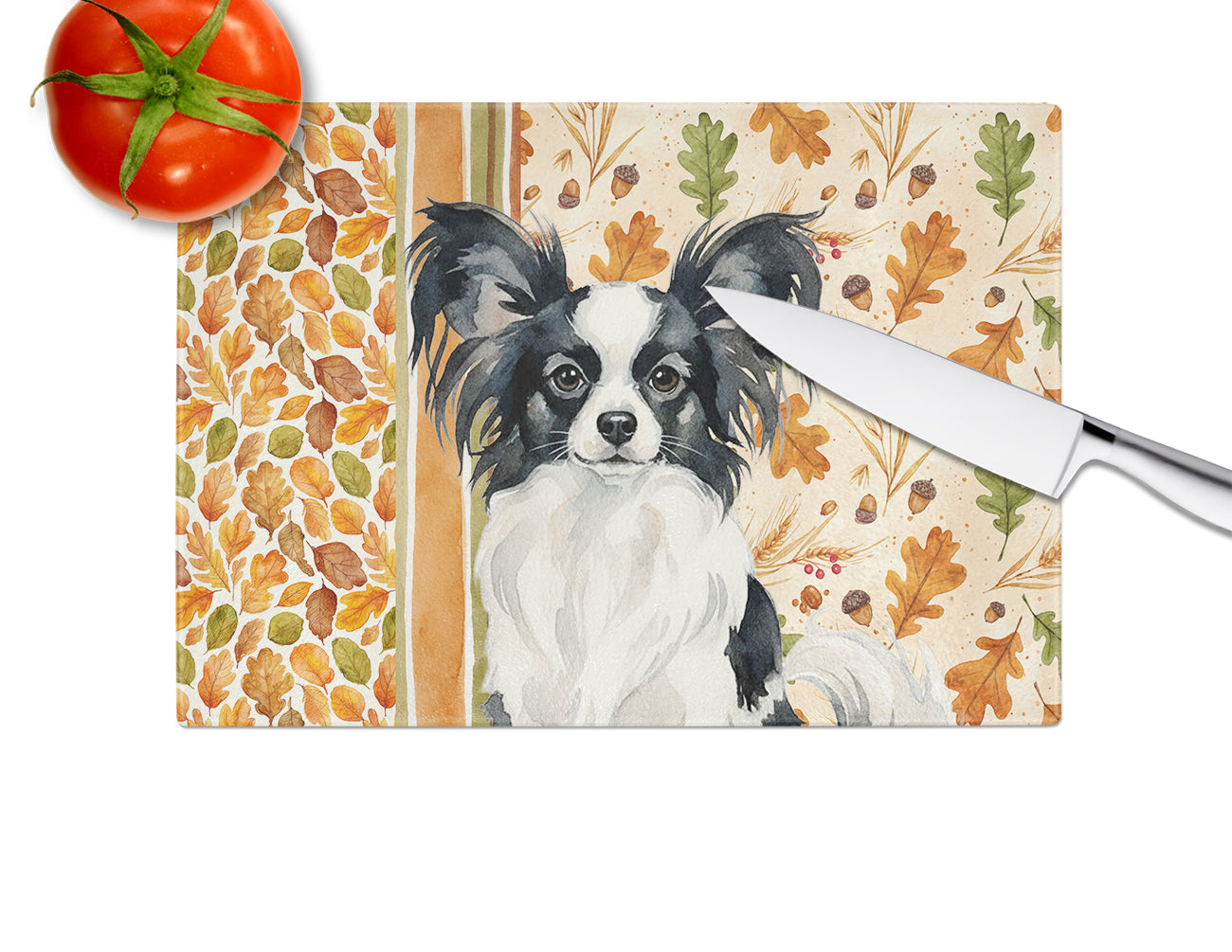 Black and White Papillon Heirloom Fall Cutting Board Tempered Glass Kitchen Cutting Surface, Heat Resistant Chopping, Non-Slip Feet, Food Prep & Serving