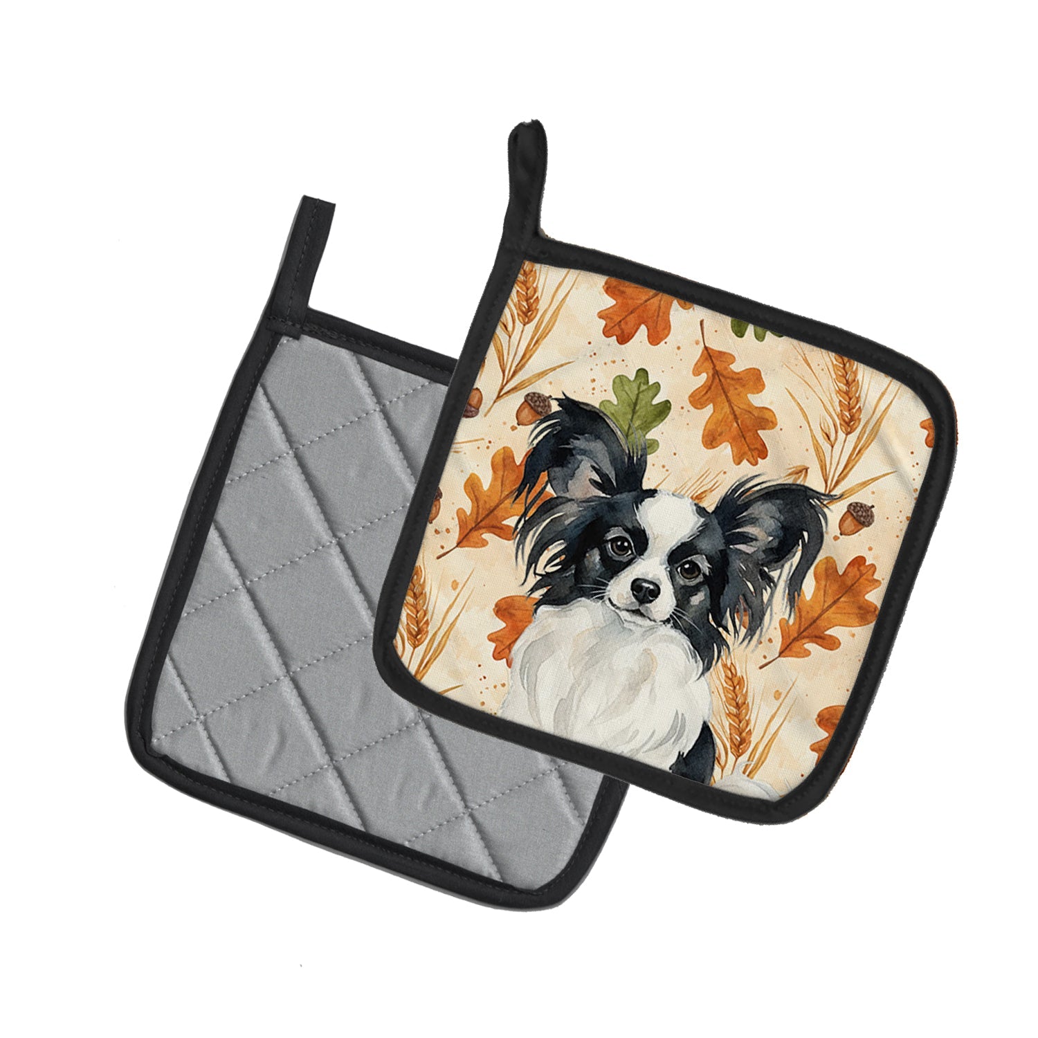 Black and White Papillon Heirloom Fall Pot Holder Set of 2 Heat Resistant Quilted Hot Pads 7.5 x 7.5 Inch, Insulated Kitchen Trivets for Cooking & Baking